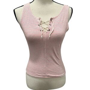Hollister Pink and White Ribbed Tie Front Tank Top